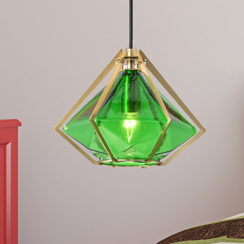 Modern Glass Diamond Pendant Light - Green/Clear/Textured White - 1 Light - Stout/Linear/Bell Metal Cage