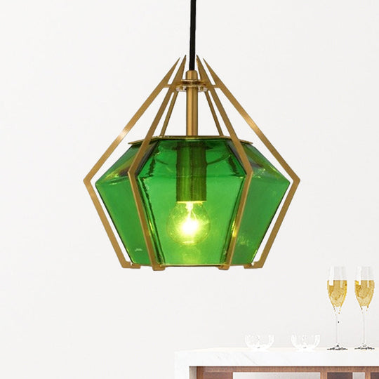 Modern Glass Diamond Pendant Light - Green/Clear/Textured White - 1 Light - Stout/Linear/Bell Metal Cage