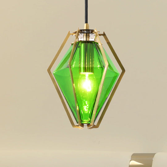 Modern Glass Diamond Pendant Light - Green/Clear/Textured White - 1 Light - Stout/Linear/Bell Metal Cage