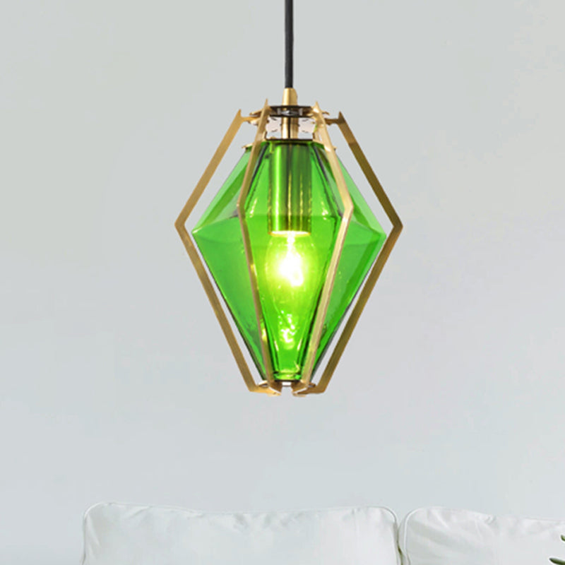 Modern Glass Diamond Pendant Light - Green/Clear/Textured White - 1 Light - Stout/Linear/Bell Metal Cage