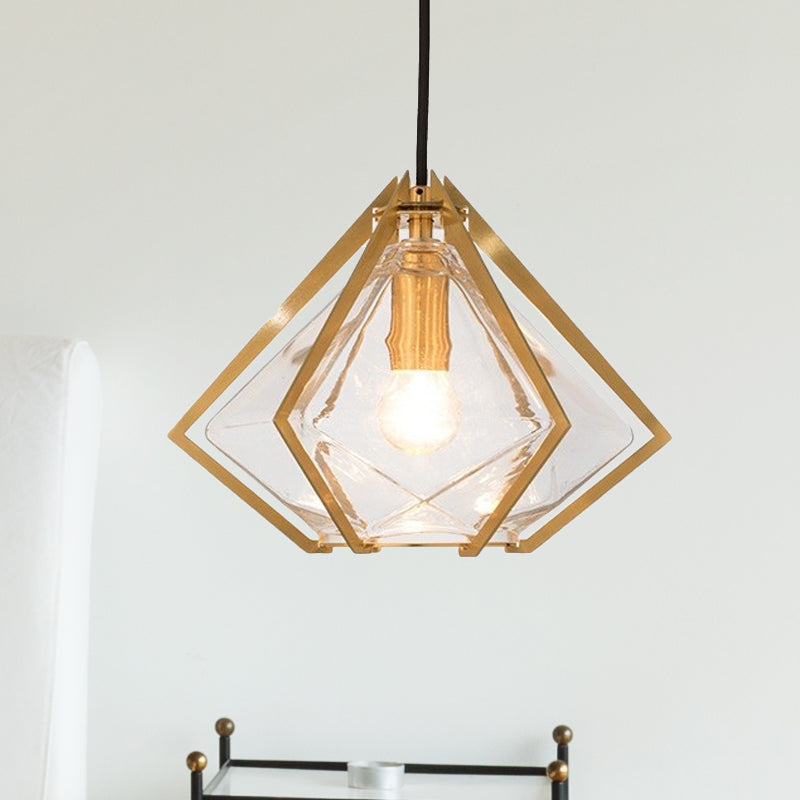 Modern Glass Diamond Pendant Light - Green/Clear/Textured White - 1 Light - Stout/Linear/Bell Metal Cage