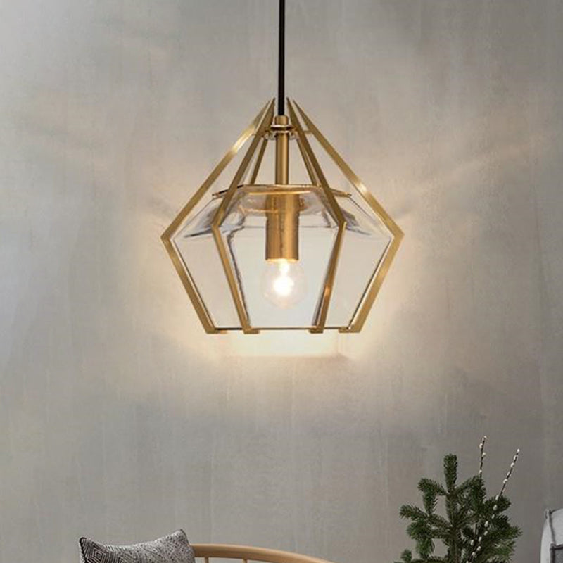 Modern Diamond Pendant Light With Metal Cage And Textured Glass In Green/Clear/White