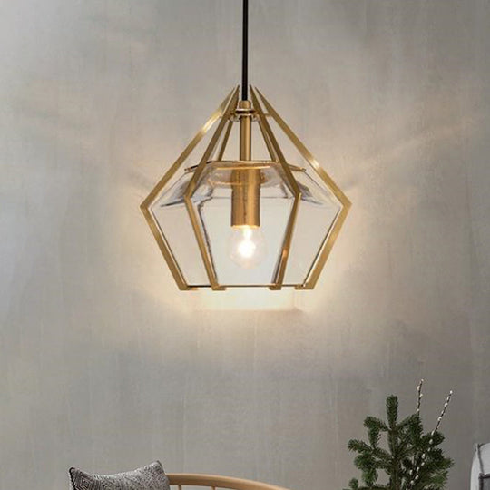 Modern Diamond Pendant Light With Metal Cage And Textured Glass In Green/Clear/White