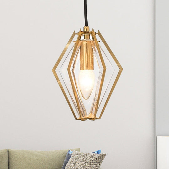 Modern Glass Diamond Pendant Light - Green/Clear/Textured White - 1 Light - Stout/Linear/Bell Metal Cage