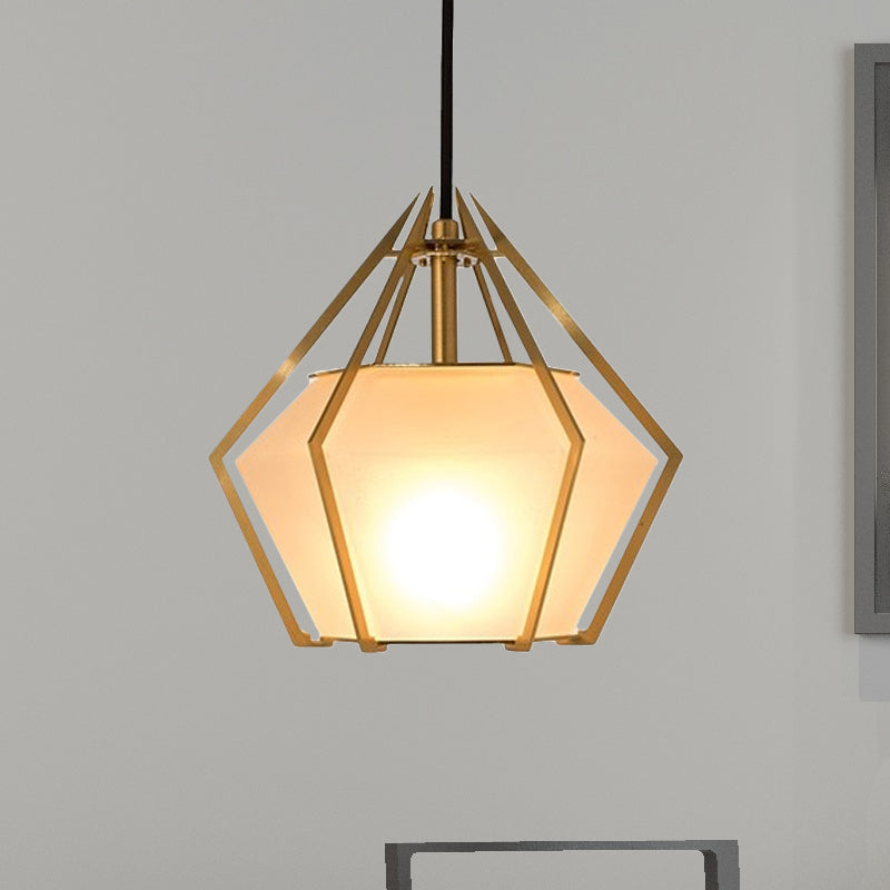 Modern Diamond Pendant Light With Metal Cage And Textured Glass In Green/Clear/White White / C