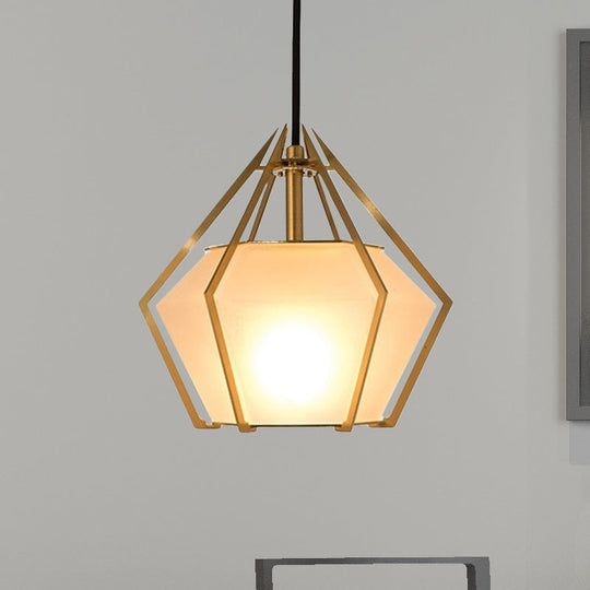 Modern Diamond Pendant Light With Metal Cage And Textured Glass In Green/Clear/White White / C