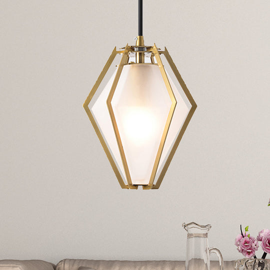 Modern Diamond Pendant Light With Metal Cage And Textured Glass In Green/Clear/White White / B