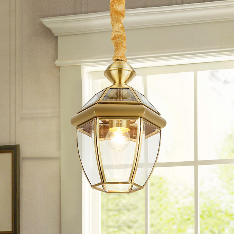 Retro 1-Light Hexagon Glass Lantern Pendant In Gold - Elegant Foyer Hanging Lamp