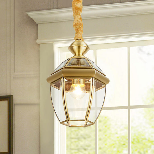 Retro 1-Light Hexagon Glass Lantern Pendant In Gold - Elegant Foyer Hanging Lamp