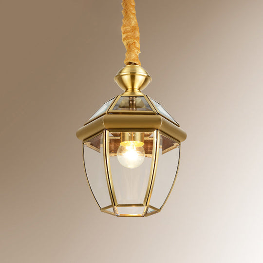 Retro 1-Light Hexagon Glass Lantern Pendant In Gold - Elegant Foyer Hanging Lamp / 6