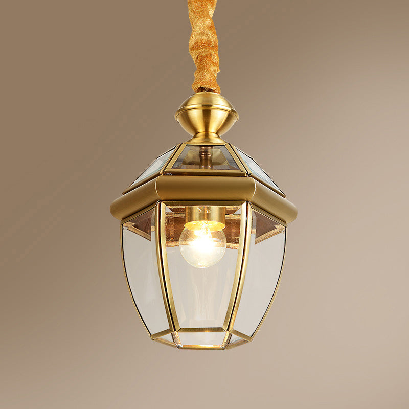 Retro 1-Light Hexagon Glass Lantern Pendant In Gold - Elegant Foyer Hanging Lamp