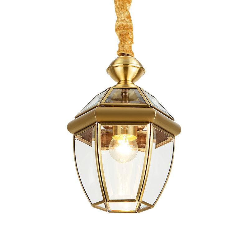 Retro 1-Light Hexagon Glass Lantern Pendant In Gold - Elegant Foyer Hanging Lamp