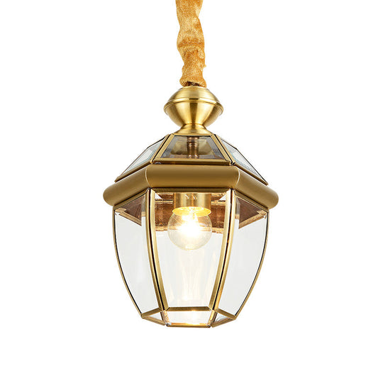 Retro 1-Light Hexagon Glass Lantern Pendant In Gold - Elegant Foyer Hanging Lamp