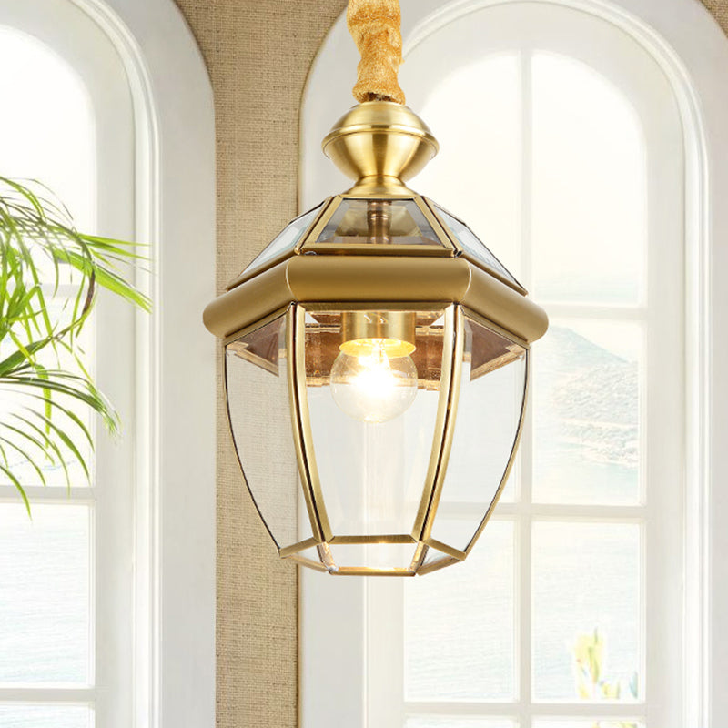 Retro 1-Light Hexagon Glass Lantern Pendant In Gold - Elegant Foyer Hanging Lamp