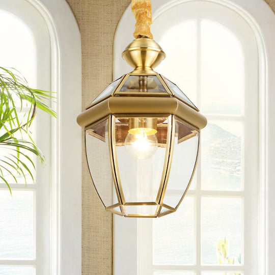 Retro 1-Light Hexagon Glass Lantern Pendant In Gold - Elegant Foyer Hanging Lamp