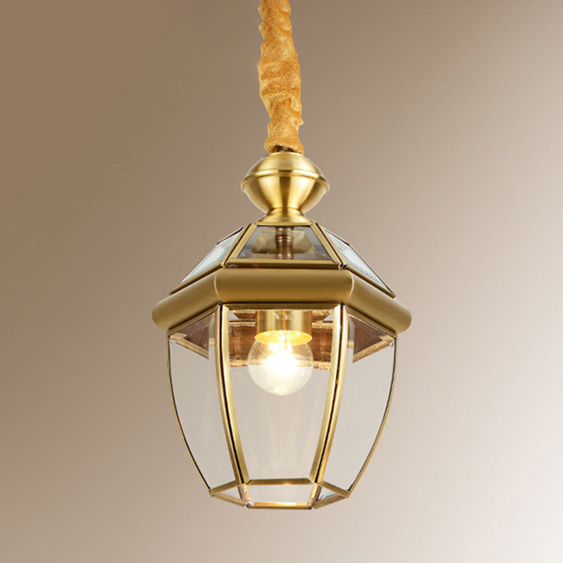 Retro 1-Light Hexagon Glass Lantern Pendant In Gold - Elegant Foyer Hanging Lamp