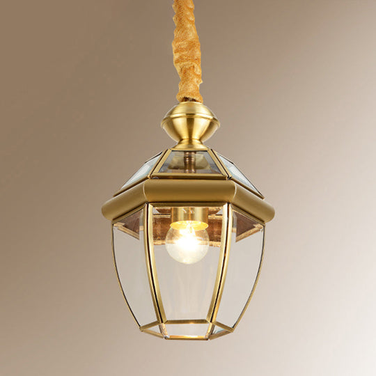 Retro 1-Light Hexagon Glass Lantern Pendant In Gold - Elegant Foyer Hanging Lamp