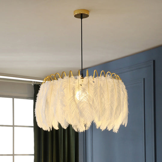 Nordic Goose Feather Round Pendant Lamp White Suspended 1-Bulb Fixture For Bedroom Lighting /