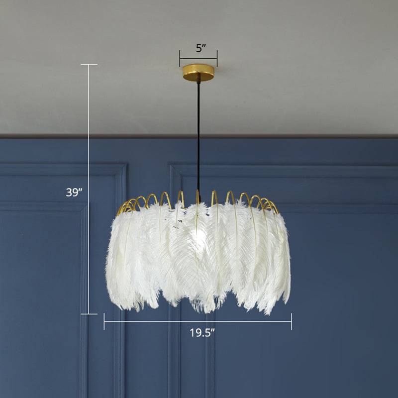 Nordic Goose Feather Round Pendant Lamp White Suspended 1-Bulb Fixture For Bedroom Lighting