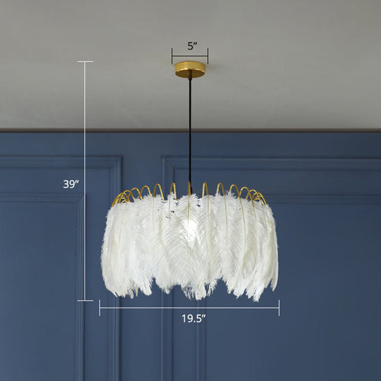 Nordic Goose Feather Round Pendant Lamp White Suspended 1-Bulb Fixture For Bedroom Lighting