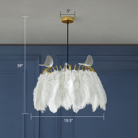 Nordic Goose Feather Round Pendant Lamp White Suspended 1-Bulb Fixture For Bedroom Lighting