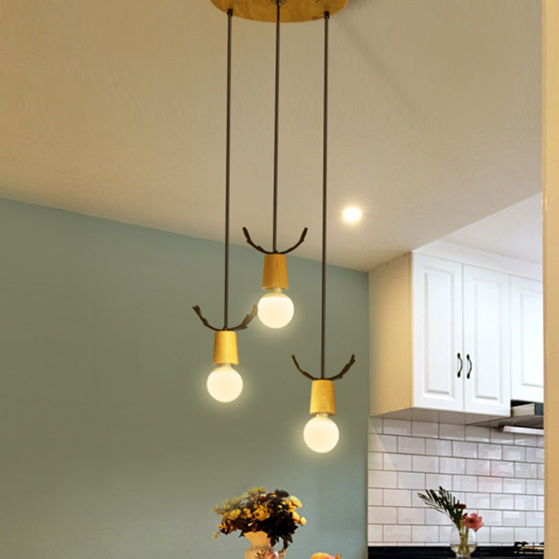 Nordic Antler Wood Pendant Light With 3 Hanging Bulbs - Ideal For Restaurants / Round