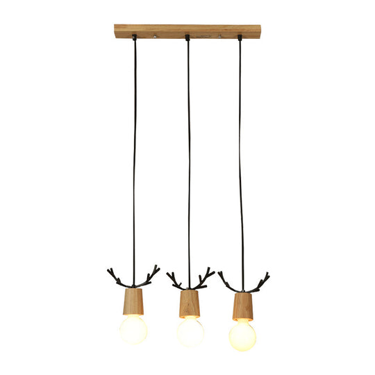 Nordic Antler Wood Pendant Light With 3 Hanging Bulbs - Ideal For Restaurants / Linear