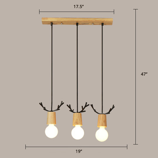 Nordic Antler Wooden 3-Light Hanging Pendant with Open Bulb Design for Restaurants