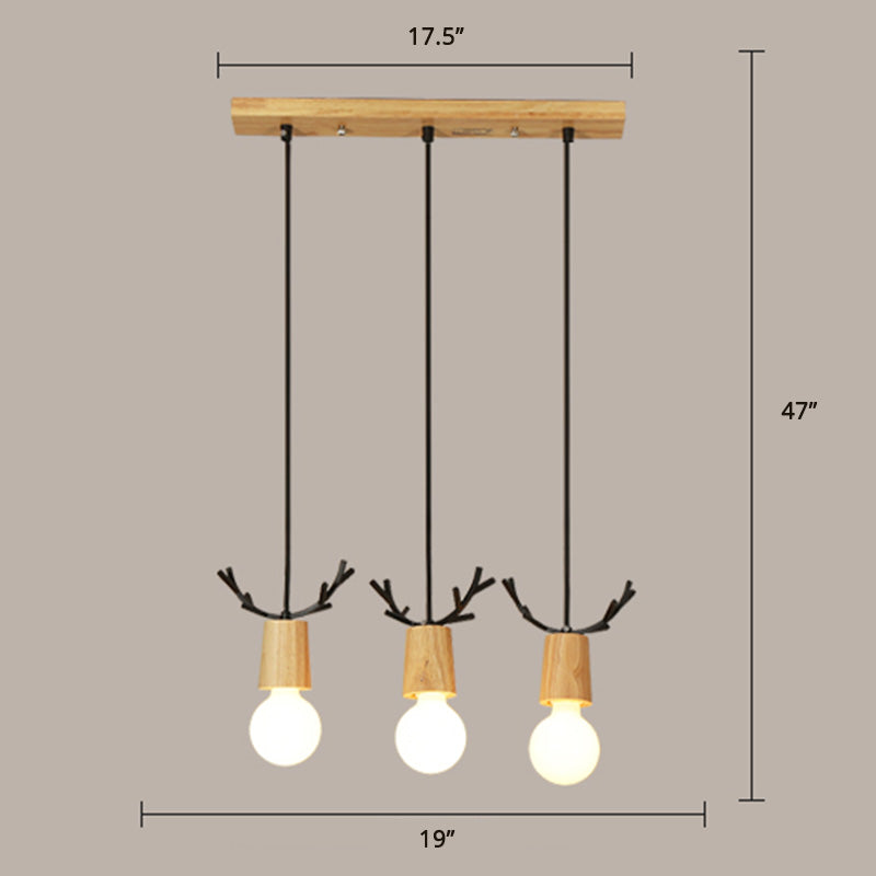 Nordic Antler Wood Pendant Light With 3 Hanging Bulbs - Ideal For Restaurants