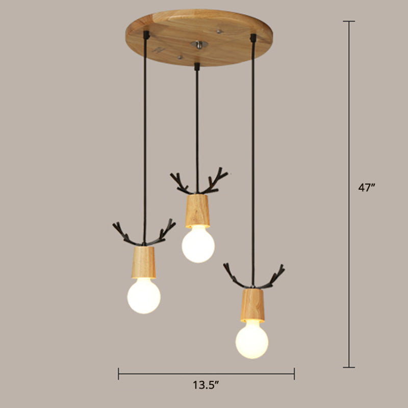 Nordic Antler Wooden 3-Light Hanging Pendant with Open Bulb Design for Restaurants