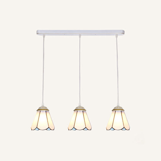 Tapered Tiffany Stained Glass Cluster Pendant Light - 3-Light Suspension Fixture White / Linear