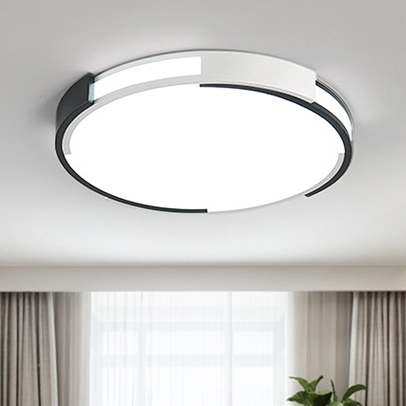 Modern Black and White Drum Flush Mount Ceiling Light Fixture - 18"/23.5" Wide - Metal LED - Recessed Diffuser - White/Warm Light