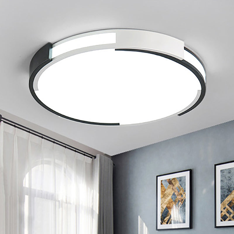Modern Black and White Drum Flush Mount Ceiling Light Fixture - 18"/23.5" Wide - Metal LED - Recessed Diffuser - White/Warm Light