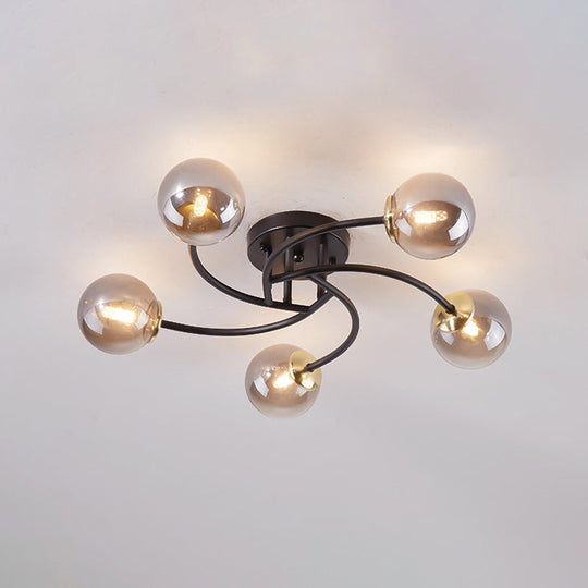 Modern Swirled Metal Semi Flush Ceiling Light with Glass Ball Shade