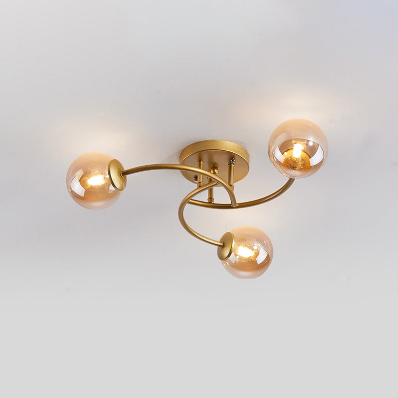 Modern Swirled Metal Semi Flush Ceiling Light With Glass Ball Shade 3 / Gold Cognac