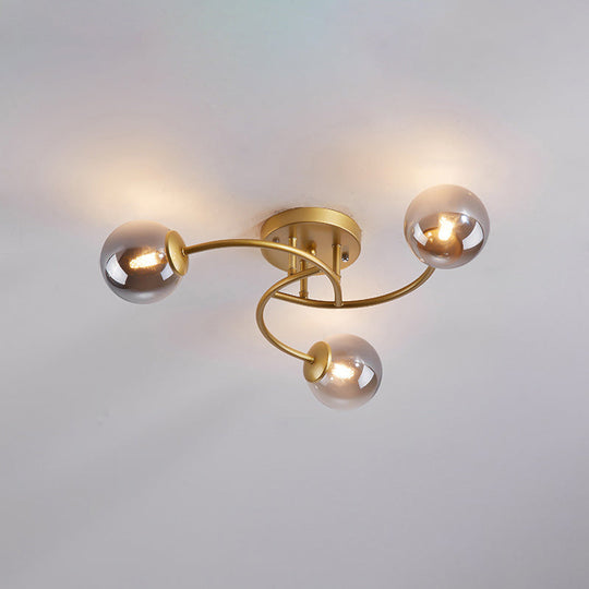Modern Swirled Metal Semi Flush Ceiling Light With Glass Ball Shade 3 / Gold Smoke Grey