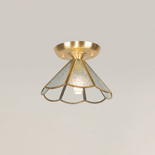 Tiffany Floral Semi Mount 1-Light Glass Ceiling Flush Light in Brass - Ideal for Hallway Décor