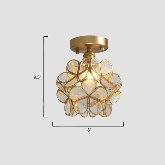 Tiffany Floral Semi-Mount 1-Light Ceiling Flush Light In Brass Perfect For Hallway Décor