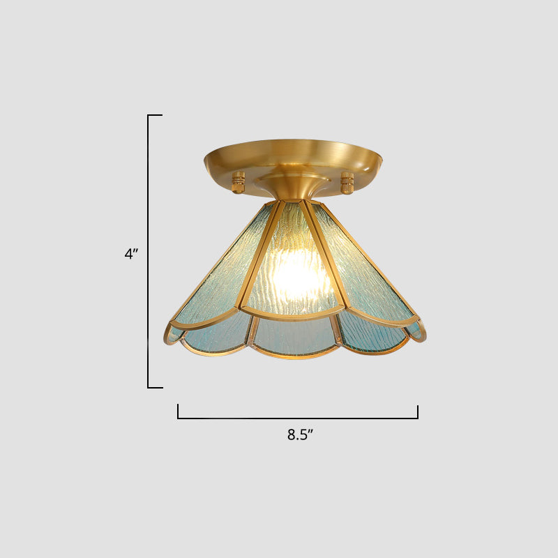 Tiffany Floral Semi Mount 1-Light Glass Ceiling Flush Light in Brass - Ideal for Hallway Décor