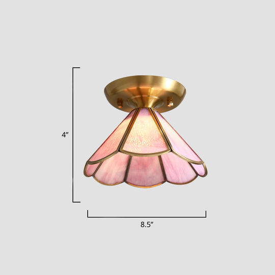 Tiffany Floral Semi Mount 1-Light Glass Ceiling Flush Light in Brass - Ideal for Hallway Décor