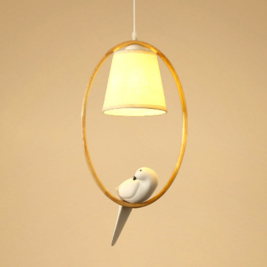 Contemporary Cone Pendant Light Fixture With Hanging Fabric Wood Ring And Resin Bird - 1/3 Lights