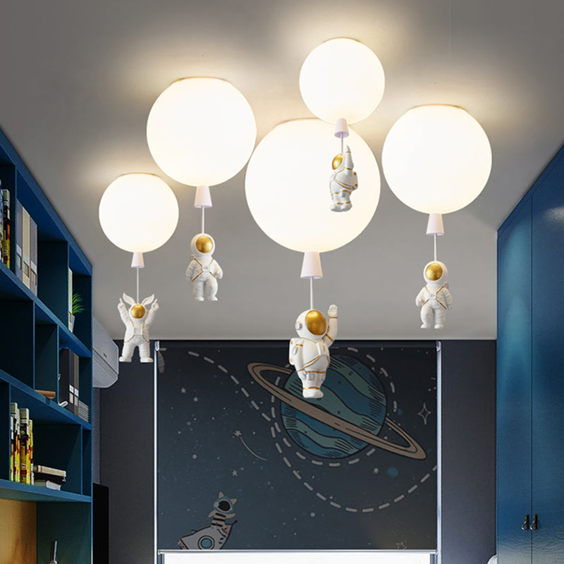Kids Astronaut And Balloon Ceiling Light White 1-Bulb Flush Mount With Acrylic Shade