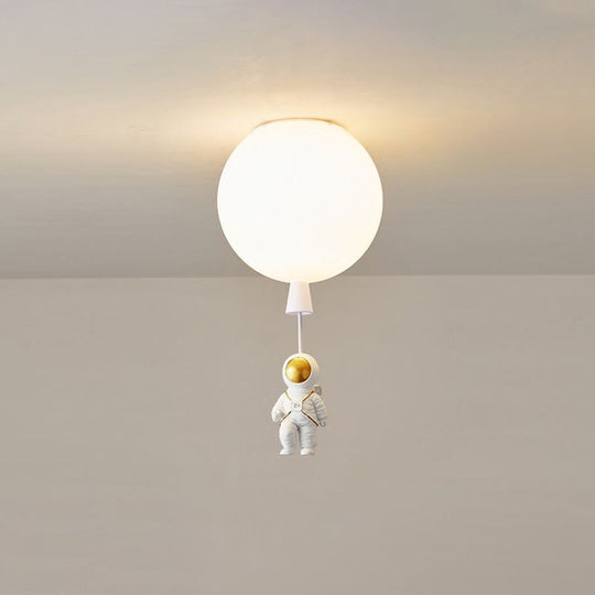 Kids Astronaut and Balloon Ceiling Light – White 1-Bulb Flush Mount with Acrylic Shade