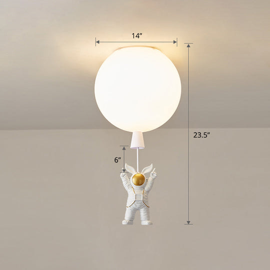 Kids Astronaut and Balloon Ceiling Light – White 1-Bulb Flush Mount with Acrylic Shade