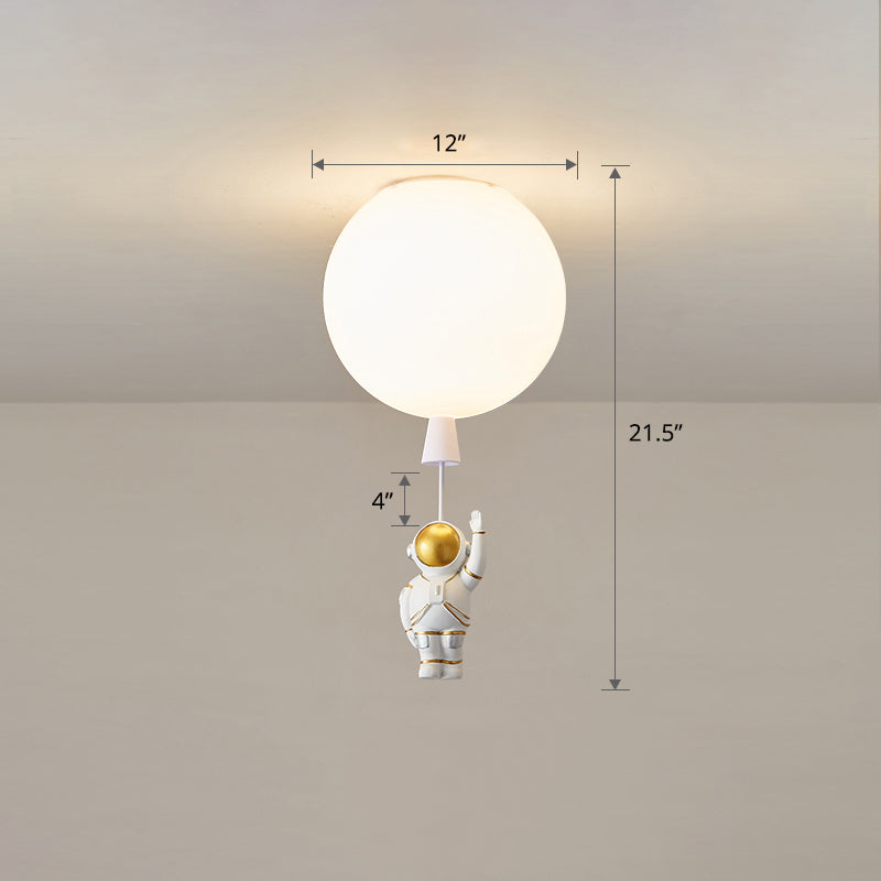 Kids Astronaut and Balloon Ceiling Light – White 1-Bulb Flush Mount with Acrylic Shade