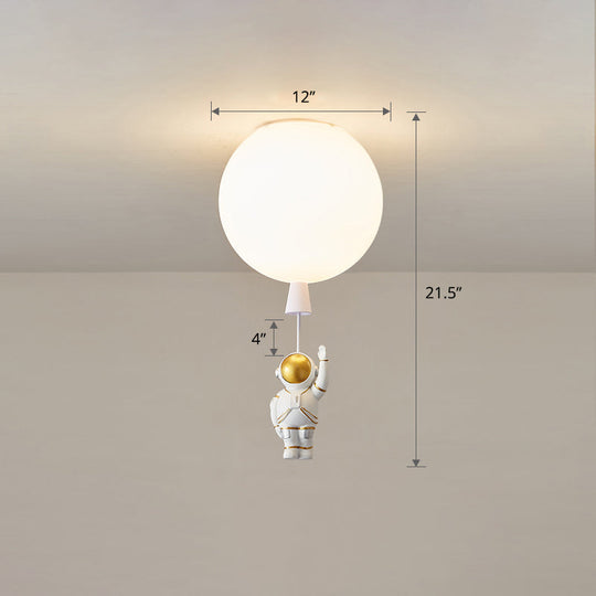 Kids Astronaut and Balloon Ceiling Light – White 1-Bulb Flush Mount with Acrylic Shade