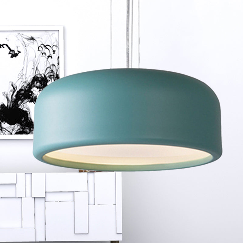 Modernist Metal Drum Pendant In Pink/Blue/Green - 1 Light Bedroom Hanging Kit 14/19/23.5 Wide