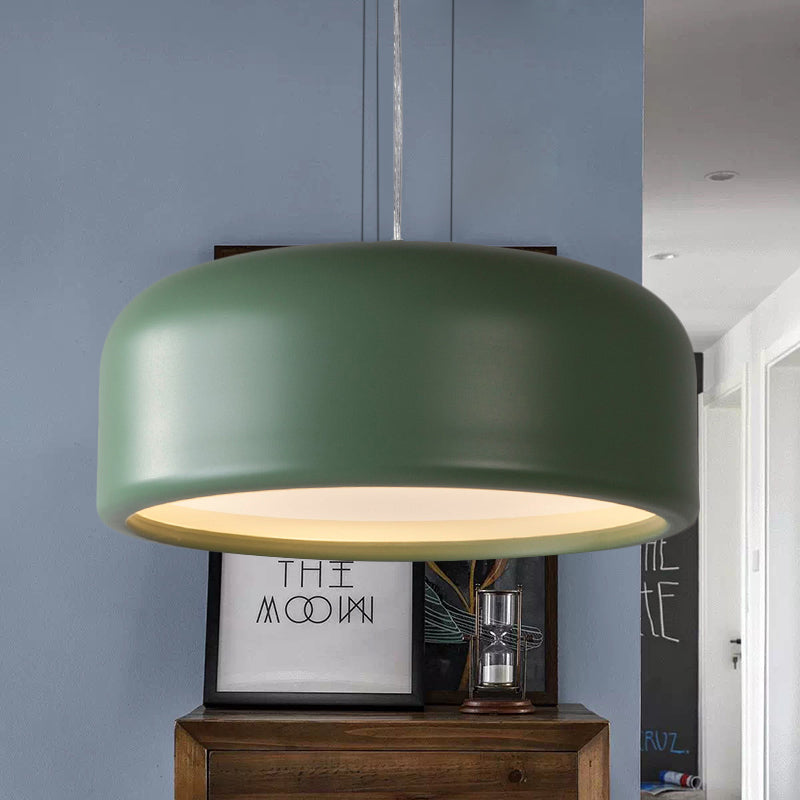 Modernist 1-Light Bedroom Pendant with Drum Metal Shade and Diffuser, 14"/19"/23.5" Wide - Pink/Blue/Green Hanging Light Kit