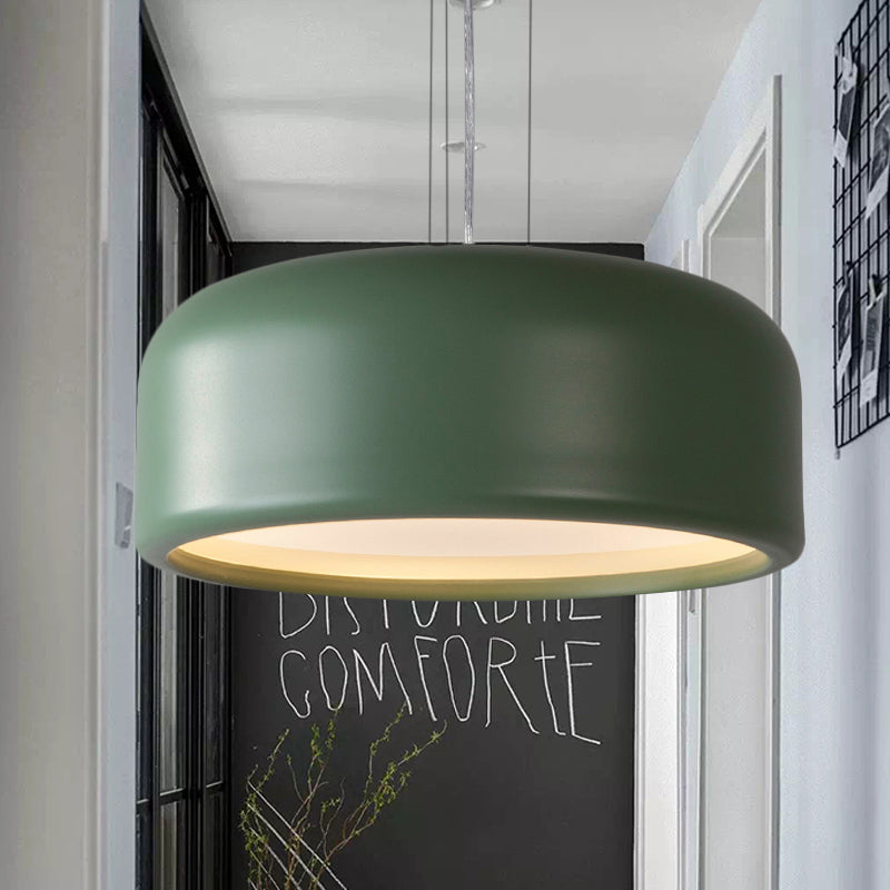 Modernist 1-Light Bedroom Pendant with Drum Metal Shade and Diffuser, 14"/19"/23.5" Wide - Pink/Blue/Green Hanging Light Kit