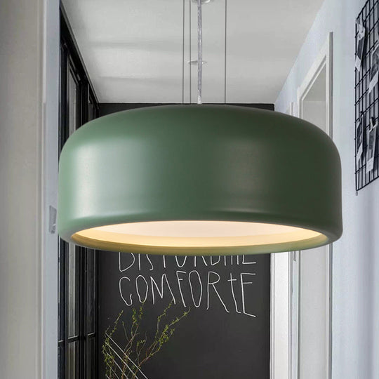 Modernist 1-Light Bedroom Pendant with Drum Metal Shade and Diffuser, 14"/19"/23.5" Wide - Pink/Blue/Green Hanging Light Kit